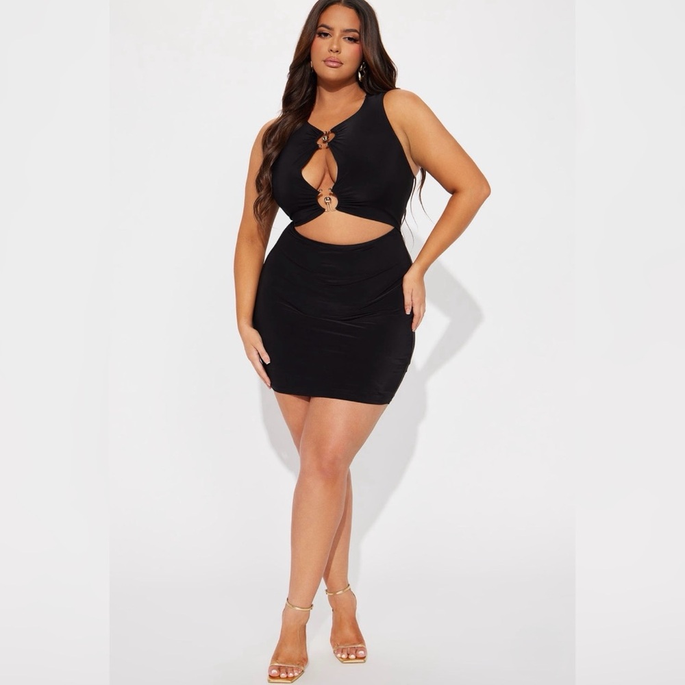 Fashion Nova Curve Gabbi Cut Out Black Mini Dress with Gold Ring Accents